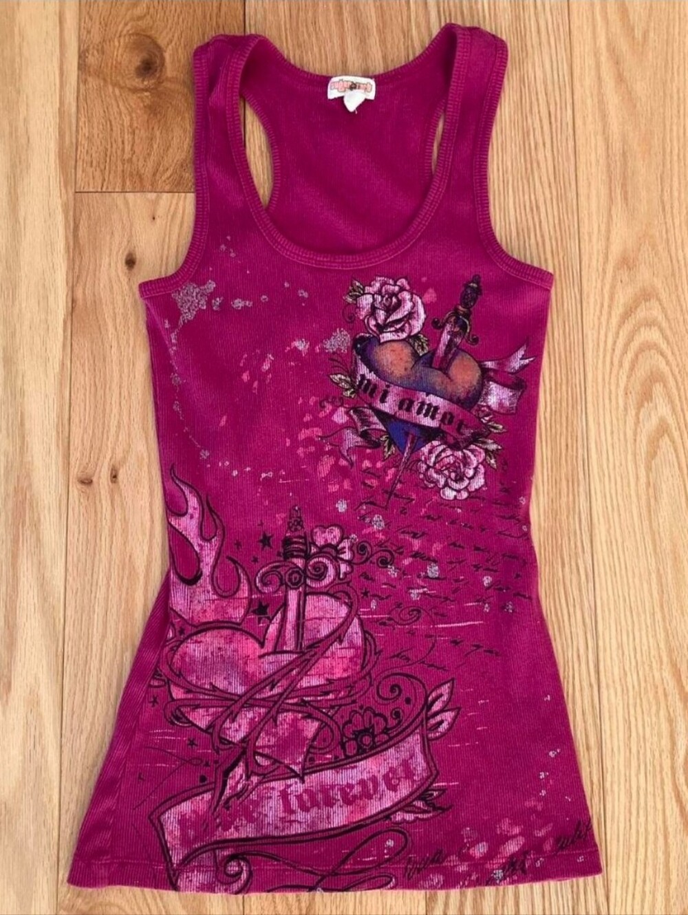 Mid/Late 2000s Sugar Tart Ribbed Tank Top Love Tattoo Graphic Pink Racerback